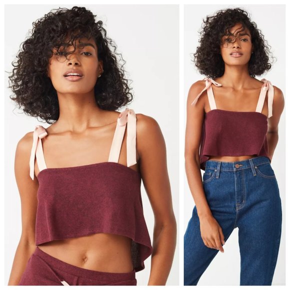 Urban Outfitters Tops - UO Out From Under Burgundy Red Satin Tie Bow Strap Crop Top
